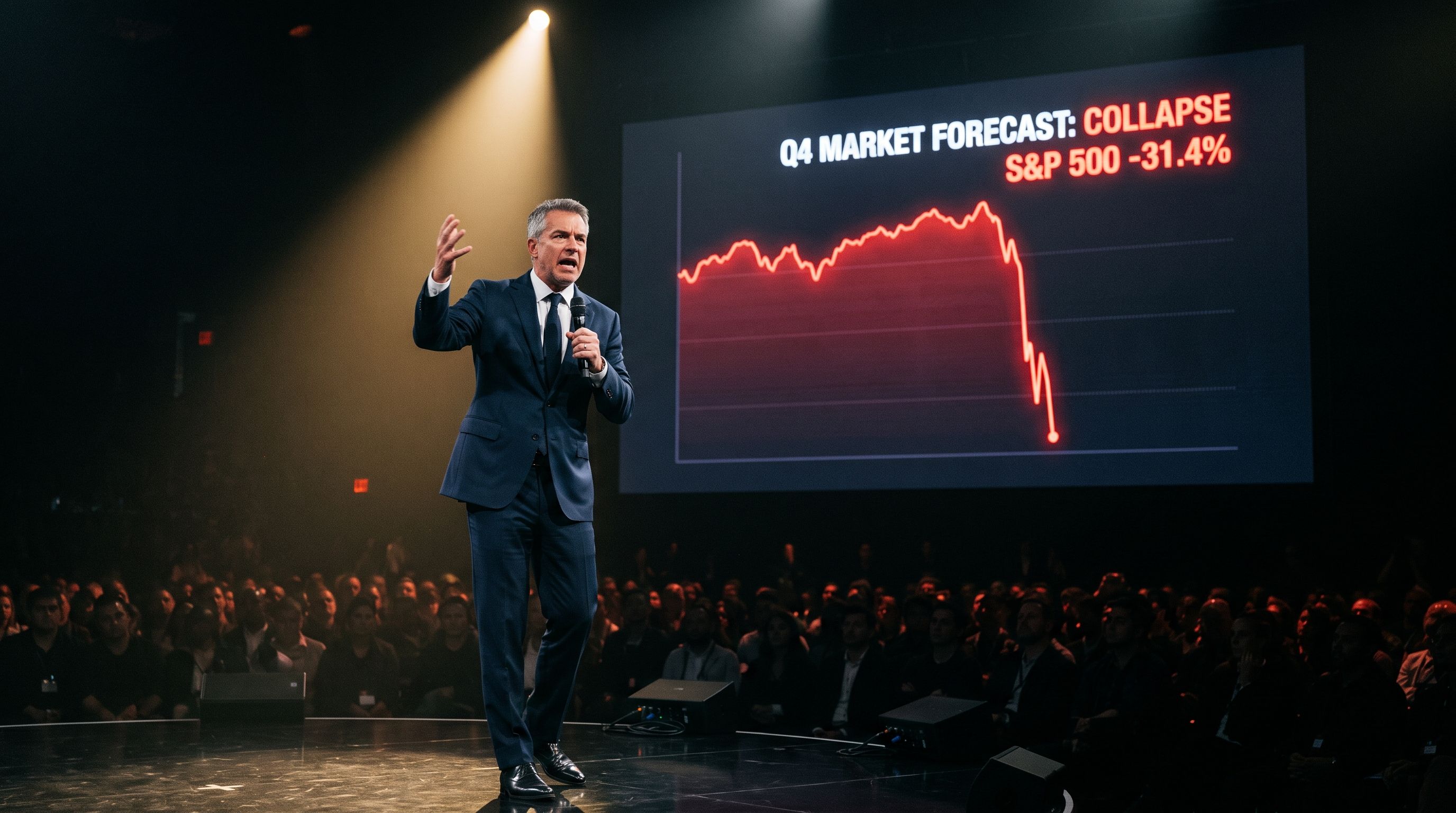 Tech CEO giving a dramatic keynote presentation with a crashing red chart