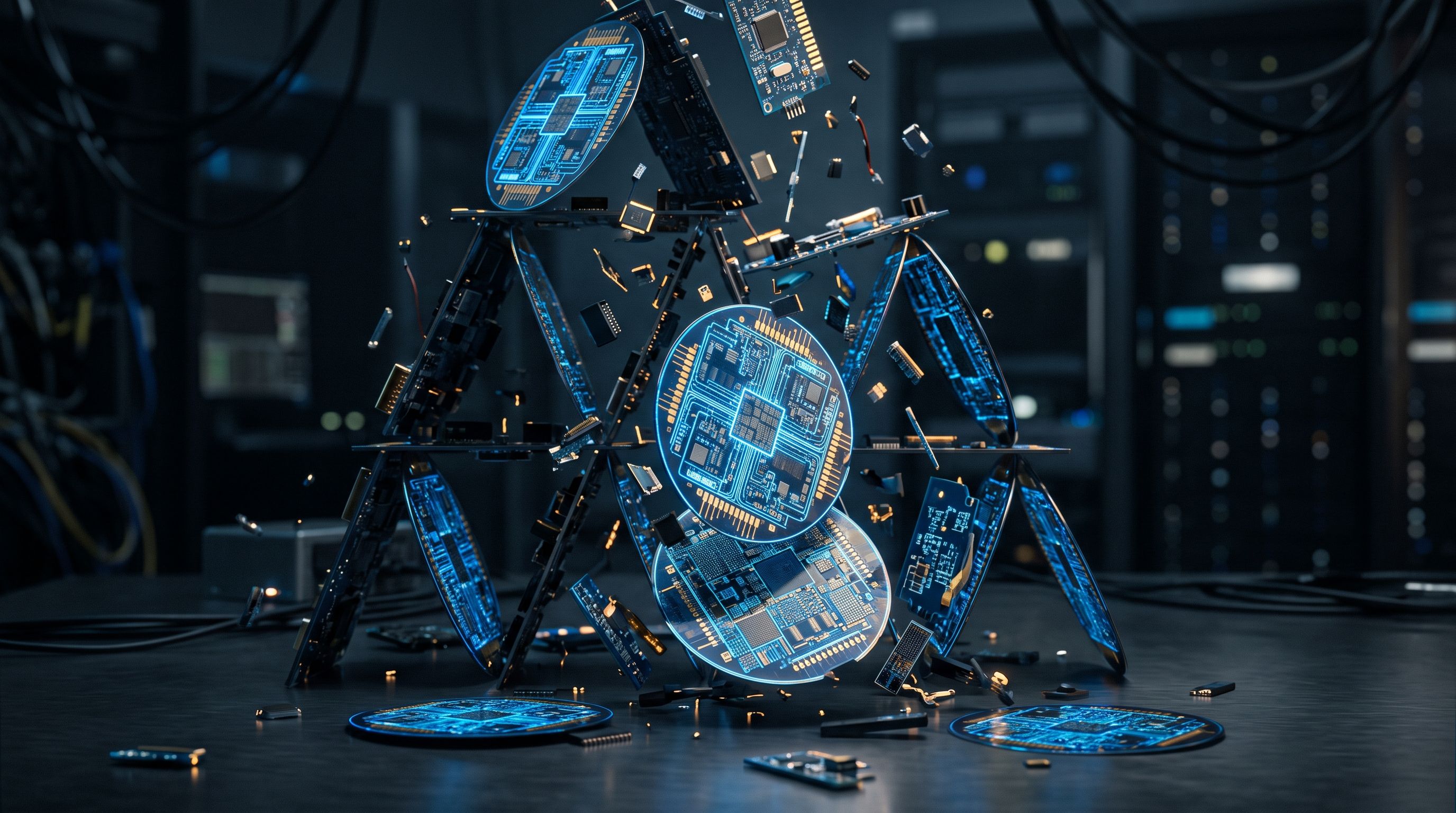 A collapsing house of cards made of glowing silicon wafers