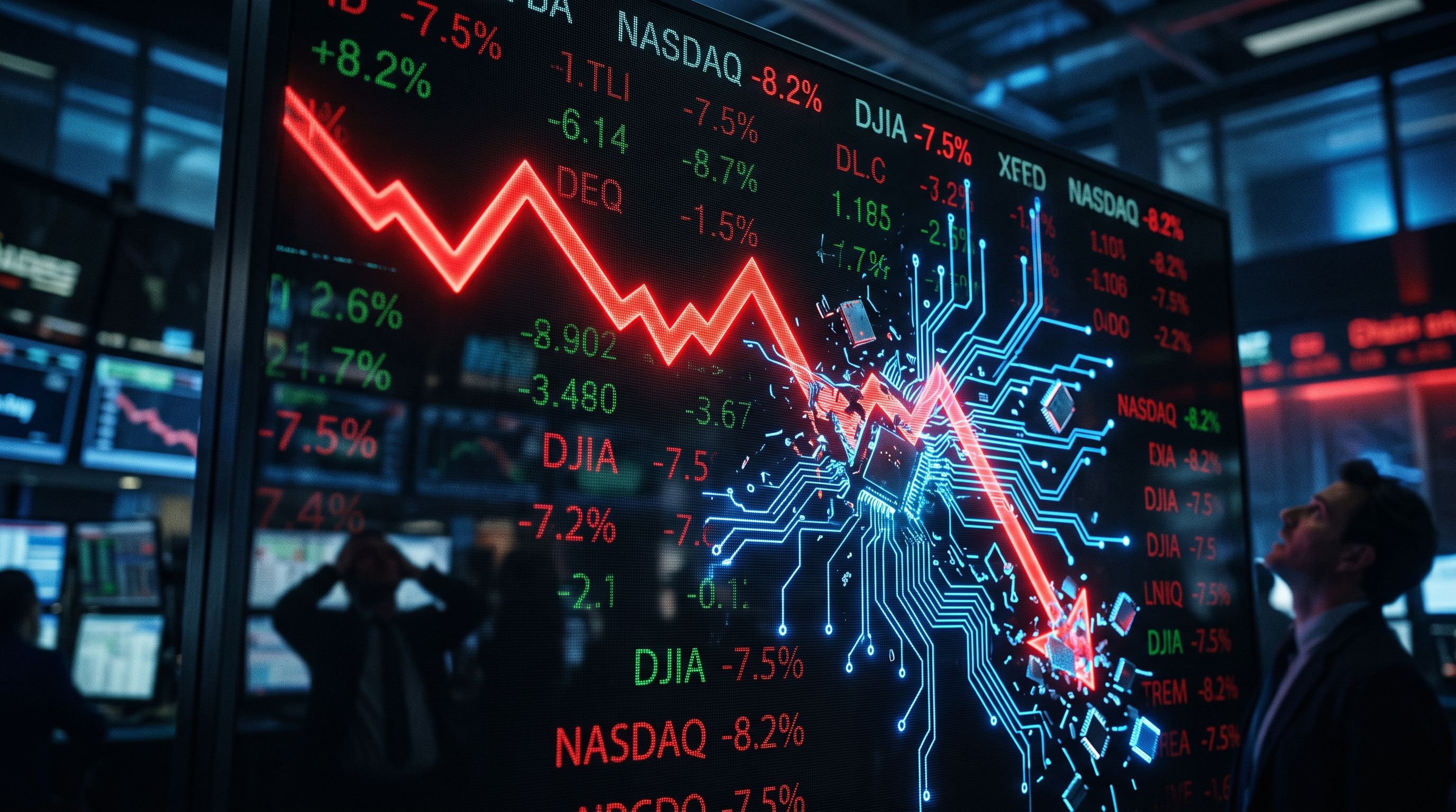 Crashing red stock market line shattering into AI circuit boards