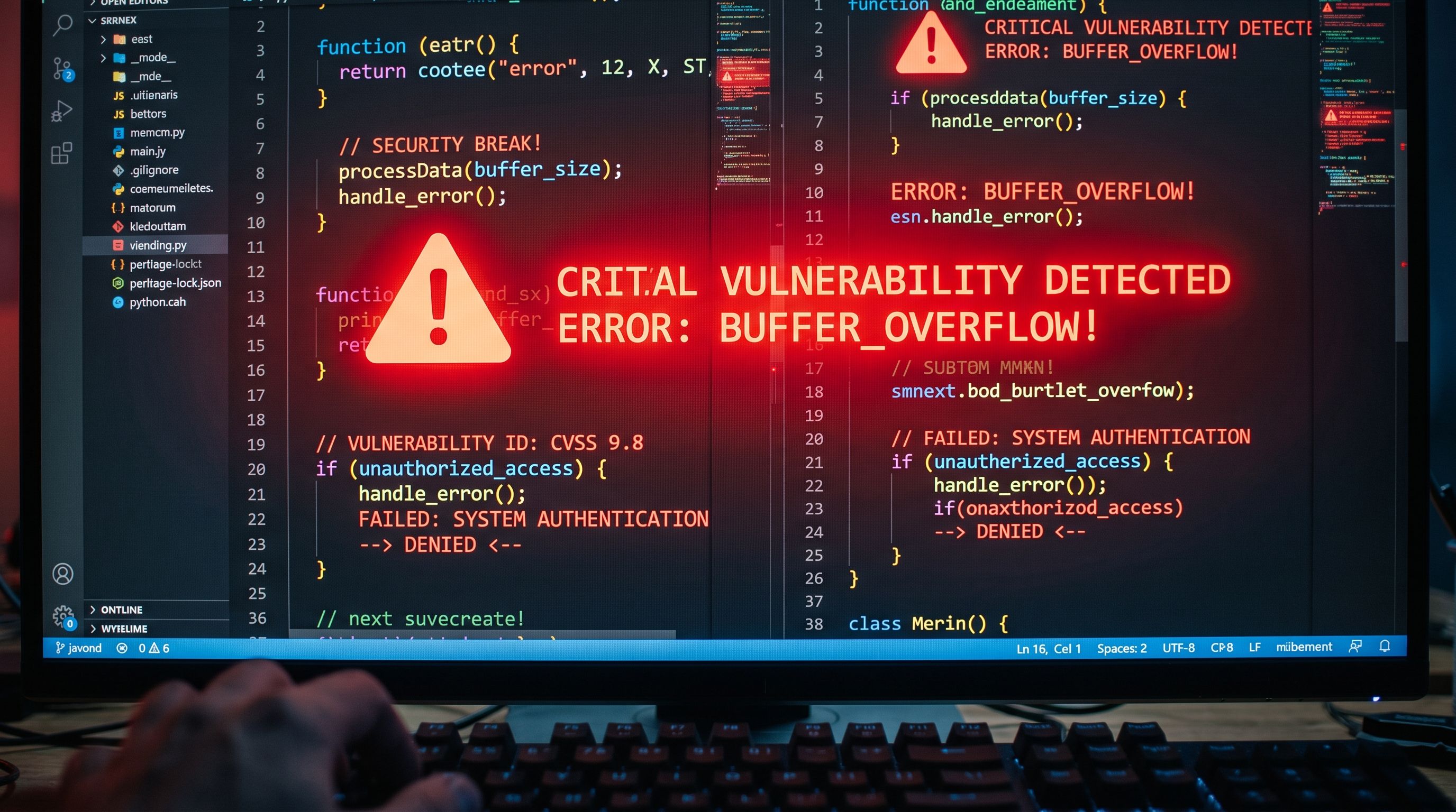 Red highlighted vulnerable code on a glowing monitor